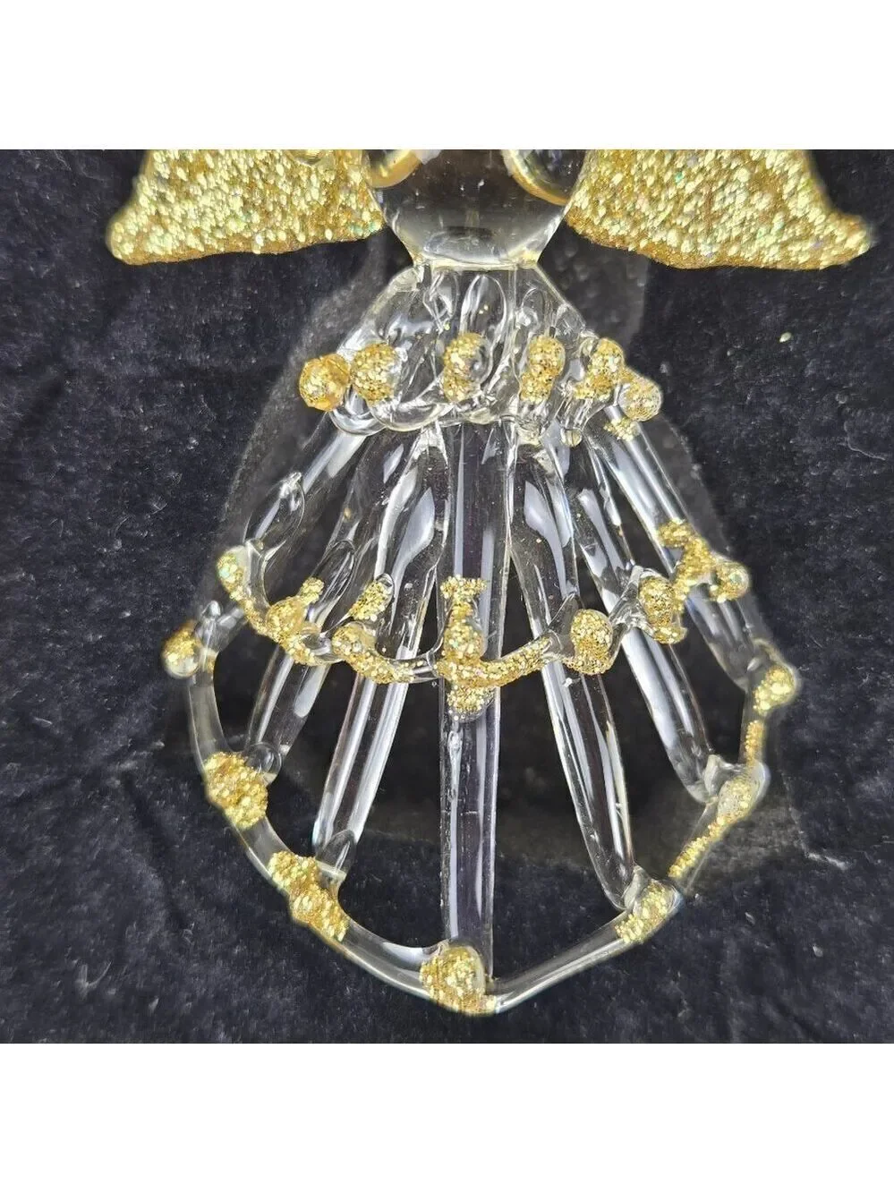 Vintage Spun Glass Angel Ornament Gold Glitter Accents Hanger In Original Box